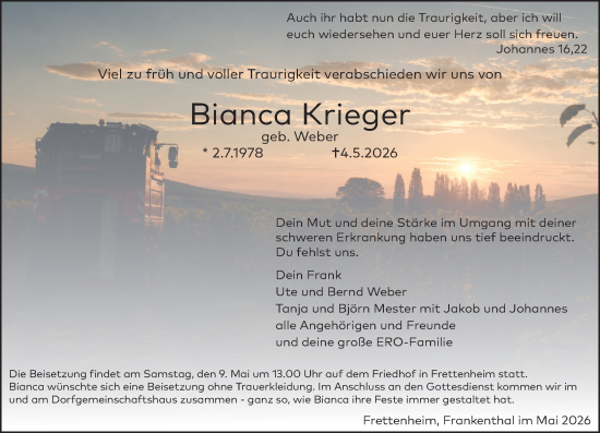 Traueranzeige von Bianca Krieger von Allgemeine Zeitung Alzey