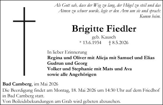 Traueranzeige von Brigitte Fiedler von Camberger Anzeiger