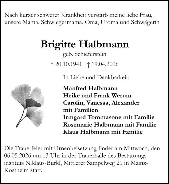 Traueranzeige von Brigitte Halbmann von Allgemeine Zeitung Mainz