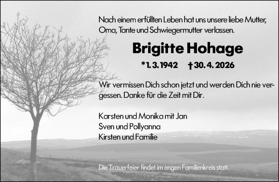 Traueranzeige von Brigitte Hohage von Darmstädter Echo