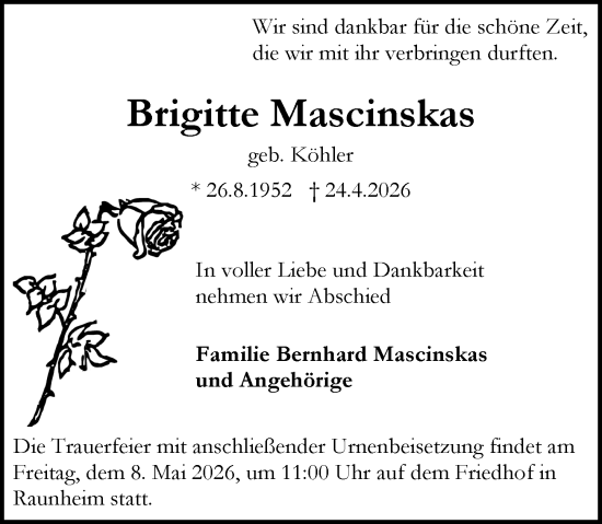 Traueranzeige von Brigitte Mascinskas von Rüsselsheimer Echo