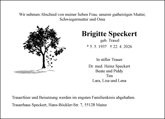 Traueranzeige von Brigitte Speckert von Allgemeine Zeitung Mainz
