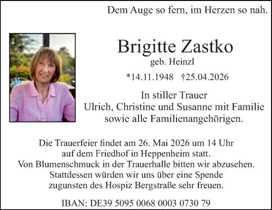 Traueranzeige von Brigitte Zastko von Starkenburger Echo