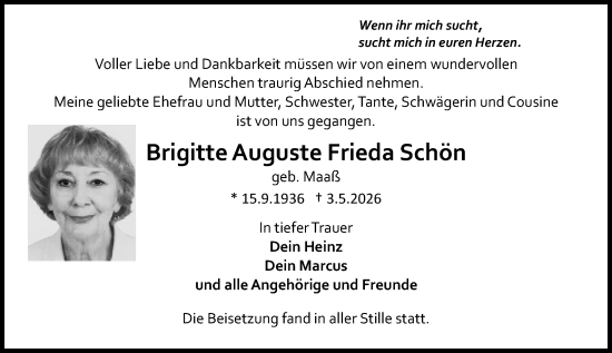 Traueranzeige von Brigitte Auguste Frieda Schön von Allgemeine Zeitung Mainz