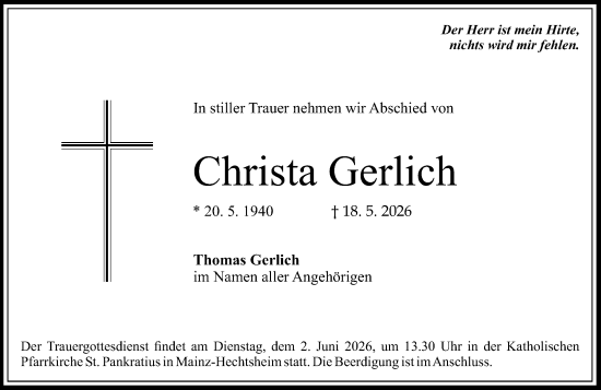 Traueranzeige von Christa Gerlich von Allgemeine Zeitung Mainz
