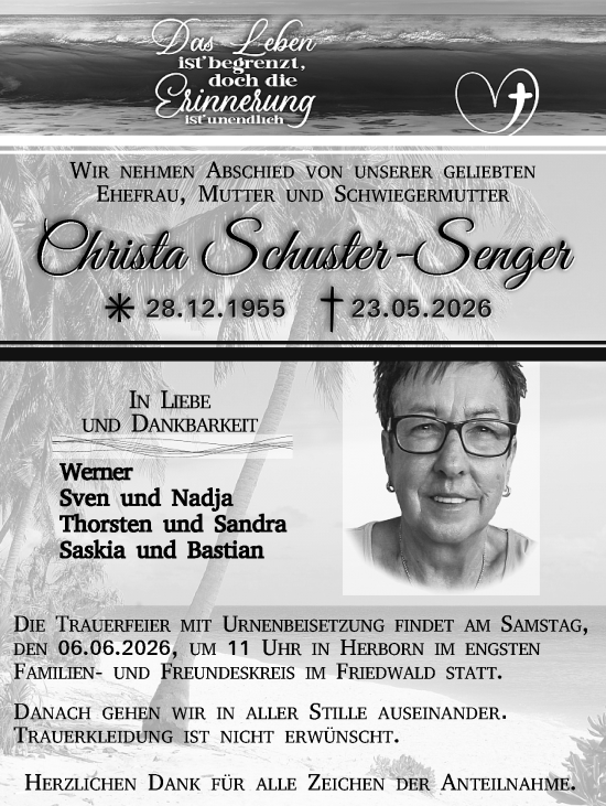 Traueranzeige von Christa Schuster-Senger von Dill Block