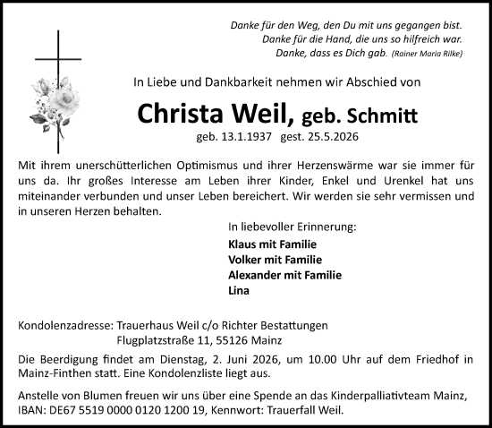 Traueranzeige von Christa Weil von Allgemeine Zeitung Mainz