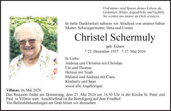 Traueranzeige von Christel Schermuly von Nassauische Neue Presse