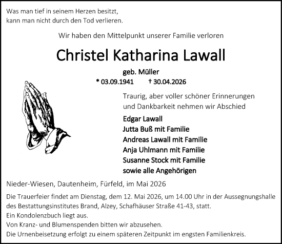 Traueranzeige von Christel Katharina Lawall von Allgemeine Zeitung Alzey