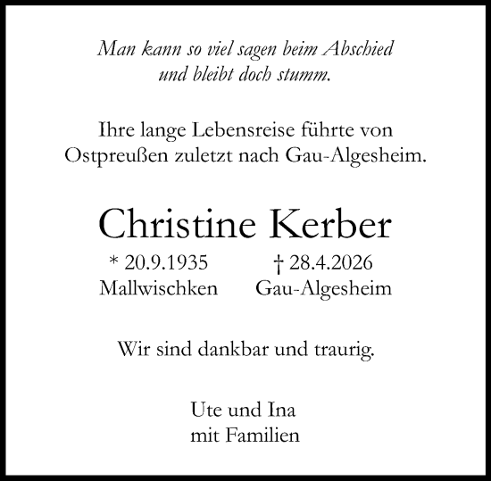Traueranzeige von Christine Kerber von Allgemeine Zeitung Rheinhessen-Nahe