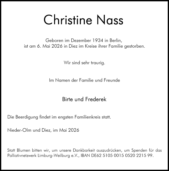 Traueranzeige von Christine Nass von Allgemeine Zeitung Mainz