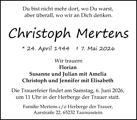Traueranzeige von Christoph Mertens von Wiesbadener Kurier
