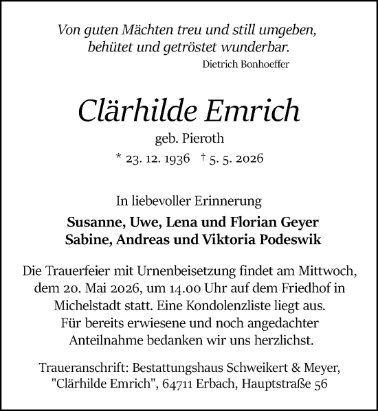 Traueranzeige von Clärhilde Emrich von Odenwälder Echo