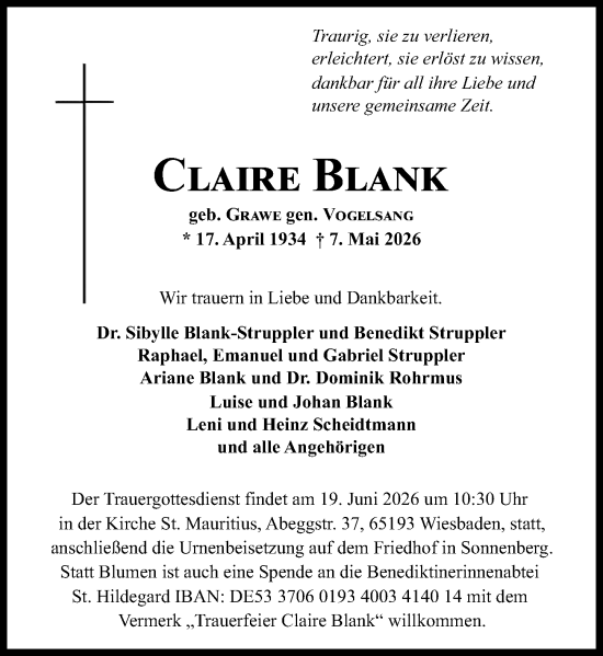 Traueranzeige von Claire Blank von Wiesbadener Kurier