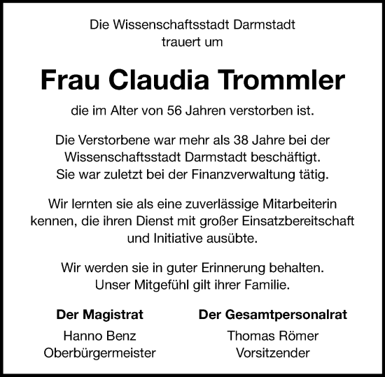 Traueranzeige von Claudia Trommler von Darmstädter Echo