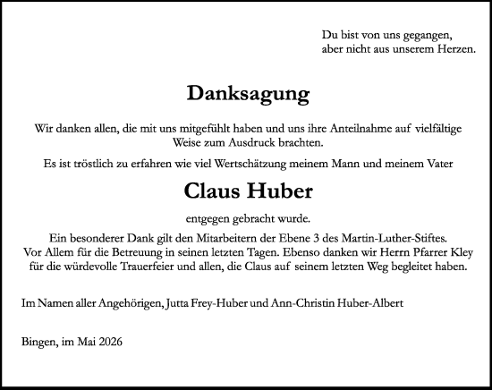 Traueranzeige von Claus Huber von Allgemeine Zeitung Rheinhessen-Nahe