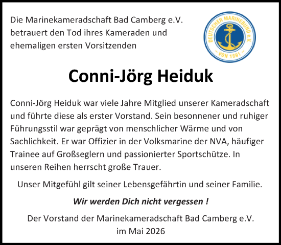 Traueranzeige von Conni-Jörg Heiduk von Camberger Anzeiger
