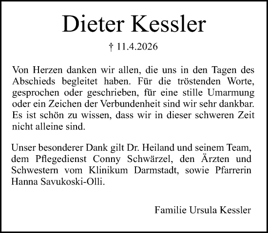 Traueranzeige von Dieter Kessler von Darmstädter Echo