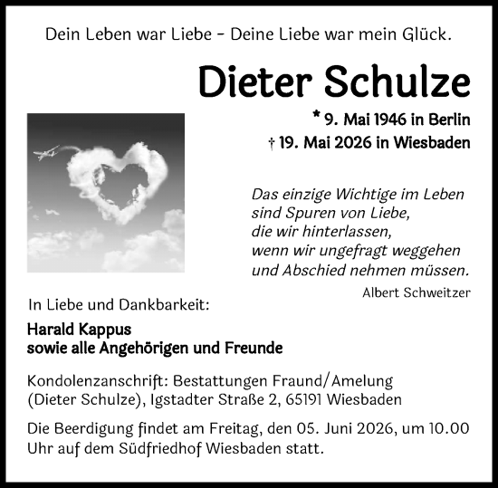 Traueranzeige von Dieter Schulze von Wiesbadener Kurier