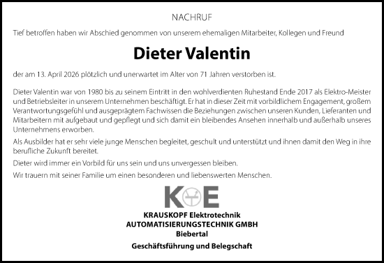 Traueranzeige von Dieter Valentin von Wetzlarer Neue Zeitung