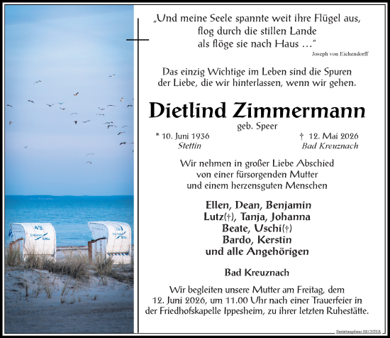 Traueranzeige von Dietlind Zimmermann von Allgemeine Zeitung Rheinhessen-Nahe