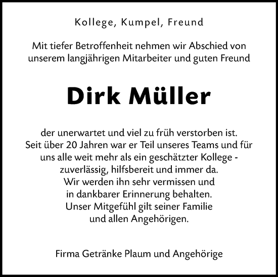 Traueranzeige von Dirk Müller von Hinterländer Anzeiger