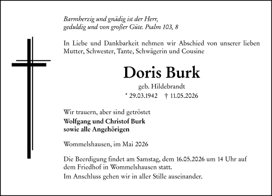 Traueranzeige von Doris Burk von Hinterländer Anzeiger