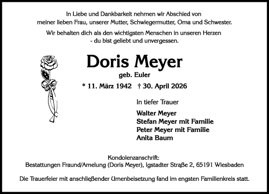Traueranzeige von Doris Meyer von Wiesbadener Kurier