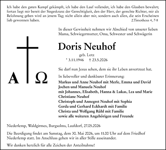 Traueranzeige von Doris Neuhof von Wetzlarer Neue Zeitung