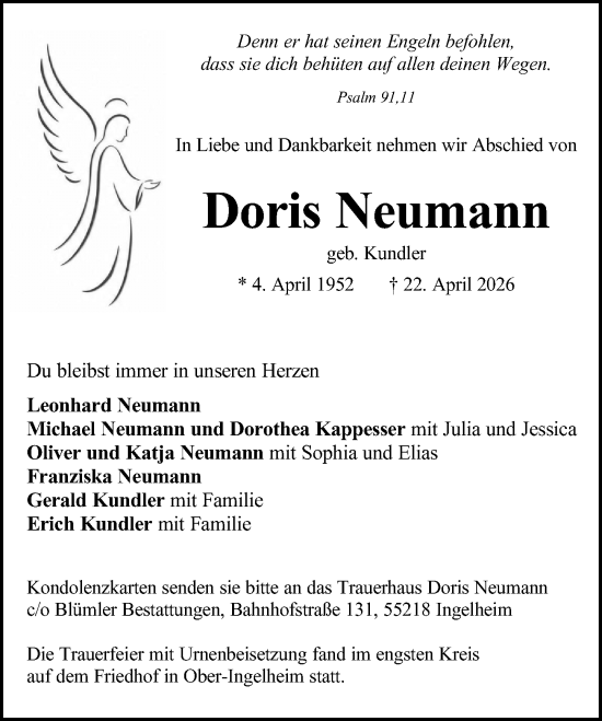 Traueranzeige von Doris Neumann von Allgemeine Zeitung Rheinhessen-Nahe