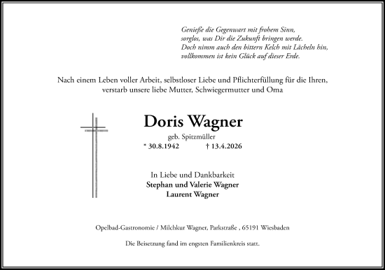 Traueranzeige von Doris Wagner von Wiesbadener Kurier