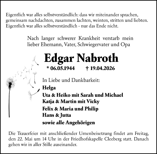 Traueranzeige von Edgar Nabroth von Wetzlarer Neue Zeitung