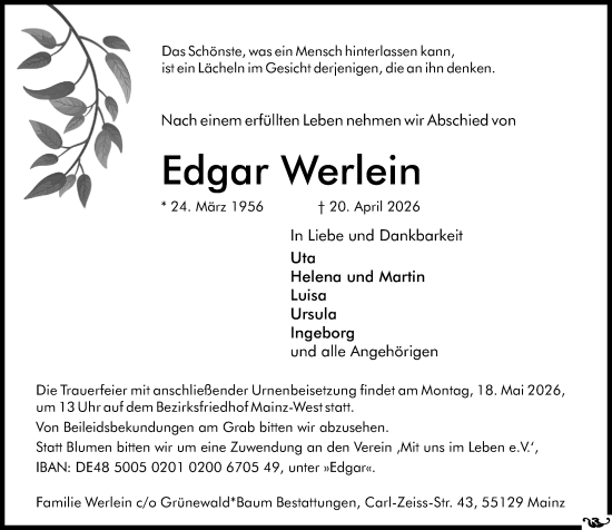 Traueranzeige von Edgar Werlein von Allgemeine Zeitung Mainz