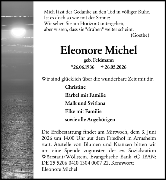Traueranzeige von Eleonore Michel von Allgemeine Zeitung Alzey
