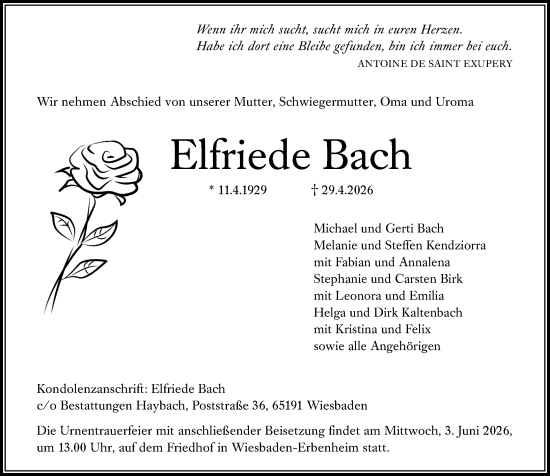 Traueranzeige von Elfriede Bach von Wiesbadener Kurier