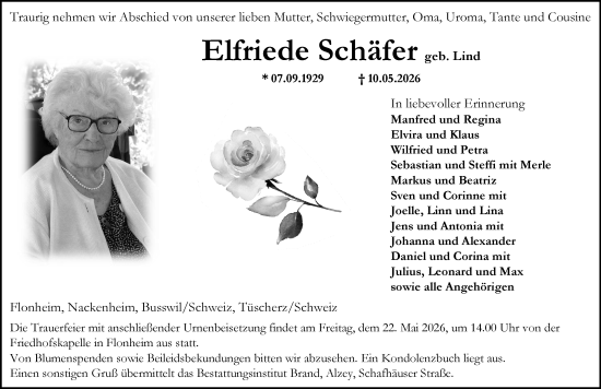 Traueranzeige von Elfriede Schäfer von Allgemeine Zeitung Alzey