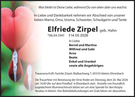 Traueranzeige von Elfriede Zirpel von Idsteiner Land/Untertaunus