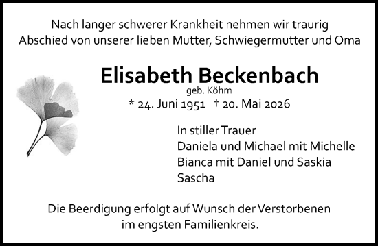 Traueranzeige von Elisabeth Beckenbach von Allgemeine Zeitung Mainz