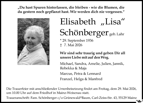 Traueranzeige von Elisabeth Schönberger von Allgemeine Zeitung Mainz