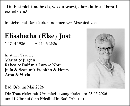 Traueranzeige von Elisabetha Jost von Rüsselsheimer Echo
