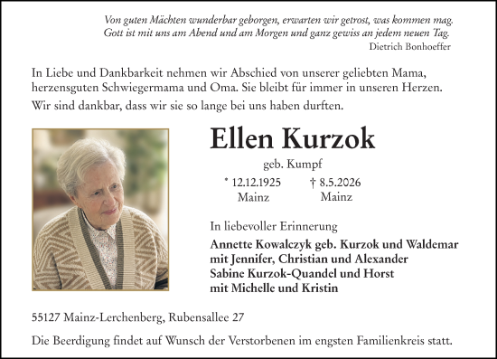 Traueranzeige von Ellen Kurzok von Allgemeine Zeitung Mainz