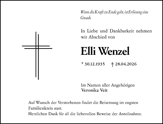 Traueranzeige von Elli Wenzel von Wetzlarer Neue Zeitung