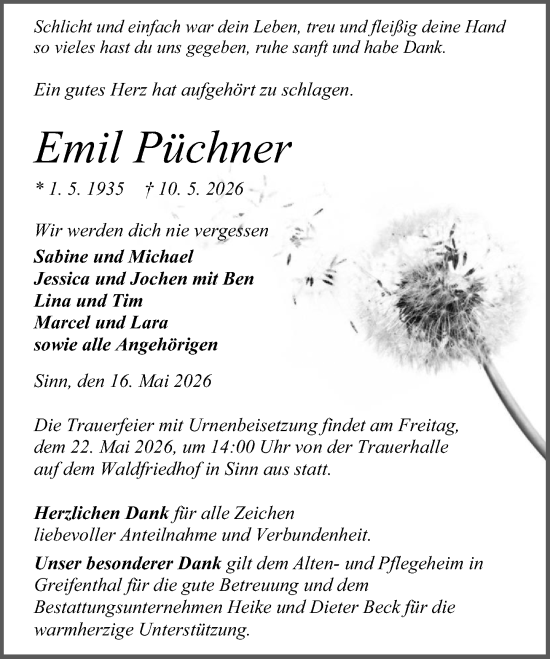 Traueranzeige von Emil Püchner von Dill Block