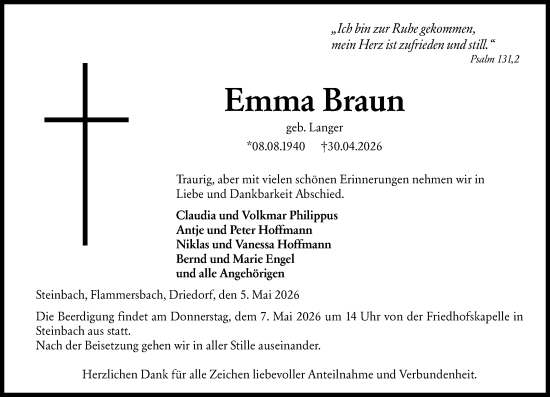 Traueranzeige von Emma Braun von Dill Block