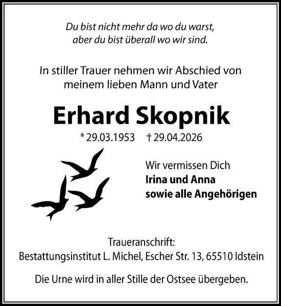 Traueranzeige von Erhard Skopnik von Wiesbadener Kurier