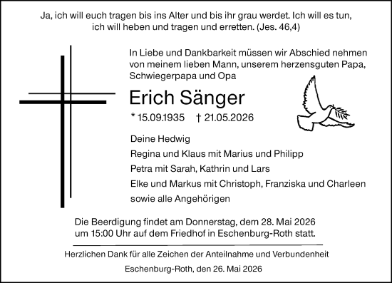 Traueranzeige von Erich Sänger von Hinterländer Anzeiger
