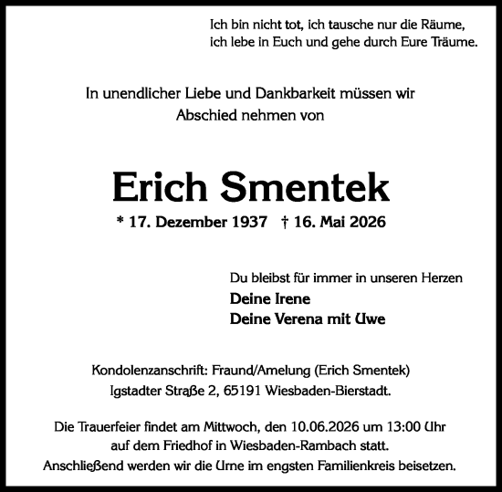 Traueranzeige von Erich Smentek von Wiesbadener Kurier