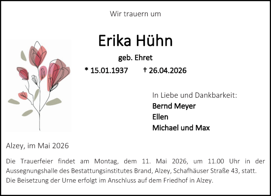 Traueranzeige von Erika Hühn von Allgemeine Zeitung Alzey