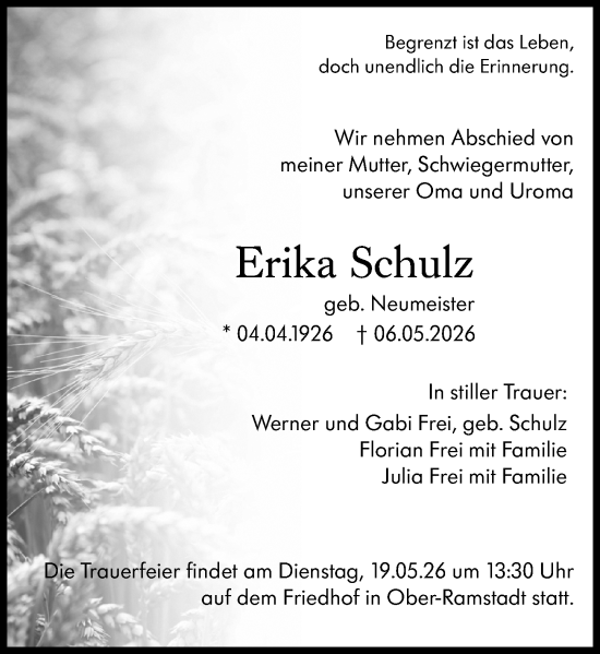 Traueranzeige von Erika Schulz von Darmstädter Echo