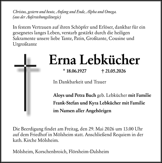 Traueranzeige von Erna Lebkücher von Wormser Zeitung